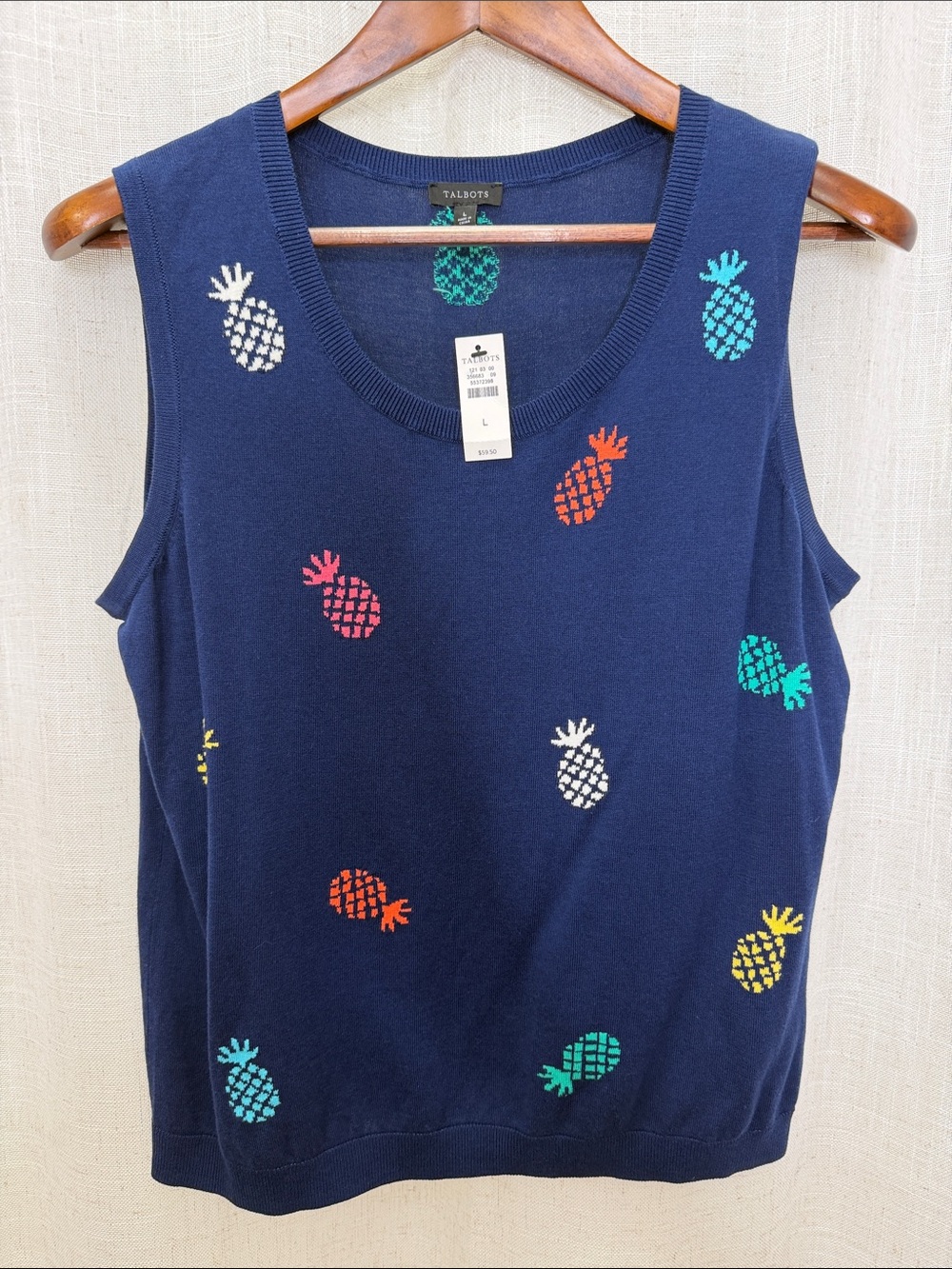 Talbots Navy Pineapple Sweater Tank with Multicolor Accents Size Large Brand New